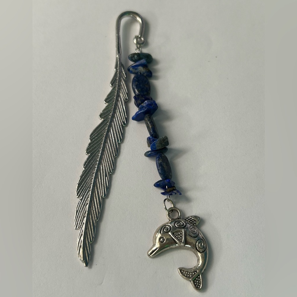 Lapis Chip Handmade Metal Bookmark With Dolphin Charm